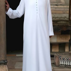 Casual Polyester Kaftan - Effkleure Lange Mouw Jubbah met Staande Kraag, Ruime Pasvorm, Geweven Niet-Rekbaar , Detail, Alle-Seizoenen Midden-Oosterse Kleding