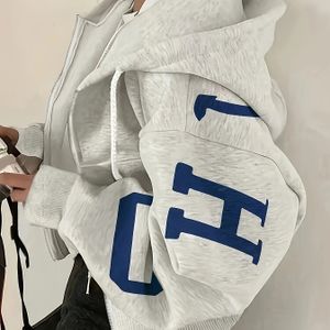 Dames Y2K Rits Hoodie Jack met Lichtgrijs & Blauwe Lettering - Crop Top Stijl Lange Mouwen Casual Bovenkleding, Y2K Mode Hoodie Jack voor Layering & Streetwear Outfits