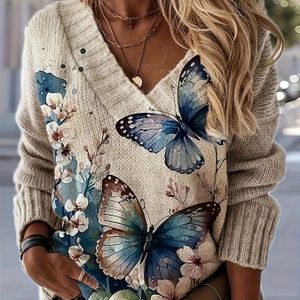 Plus Size, 2D Print Vlinderprint V-Hals Elegante Trui