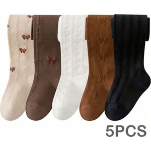 5-Pack Meisjes Boetieknoop Gebreide Polyester Leggings, 97% Polyester 3% Elastan, Alleen Met De Hand , Kleur, Winterseizoen, Comfortabele Pasvorm Kousen Voor Kinderen