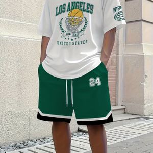 2- Heren Zomer Basketbal Trainingspak, Basketbal Korte Mouw T-shirt en 24 Shorts Set
