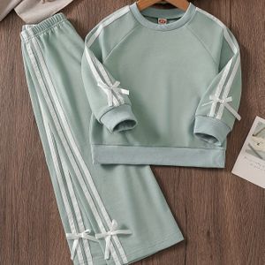 Meisjes Lente Herfst Winter College Stijl Koreaanse Versie Comfortabele Casual Ronde Hals Stripe Patch Lange Mouwen Sweatshirt en Broek Set, Perfect voor Buiten