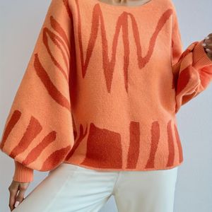 Grafisch schuin schouder gebreide trui, stijlvolle lange mouw zachte pullover trui voor herfst en winter, dameskleding