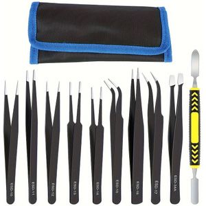 10 stuks Precisie ESD Pincet Set - Antistatisch, Koolstofstaal voor Elektronica Reparatie & Knutselen, Mat Zwart Afwerking