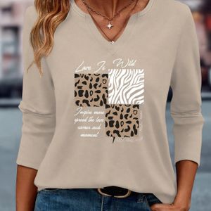 Stijlvolle leeuwen- en zebra-printpatroon, een veelzijdige en comfortabele V-hals driekwart mouw T-shirt voor dames in een eenvoudige Europese en Amerikaanse stijl.