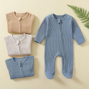 3-delig Nieuwgeboren Baby Jongenskleding Eendelige Romper met Mitten Manchetten Effen Kleur Lange Mouw Wafel Rits Jumpsuit Outfit, voor Buiten