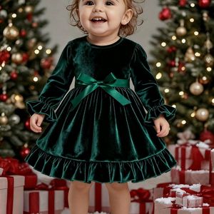 1 stuk Elegante Koreaanse Stijl Fluweel Prinsessenjurk voor Meisjes - Lange Mouwen A-Lijn Gebreide Feestjurk met Strikdetail, Groen voor Kerstmis, Vakanties, Casual Kleding (0-3 Jaar)