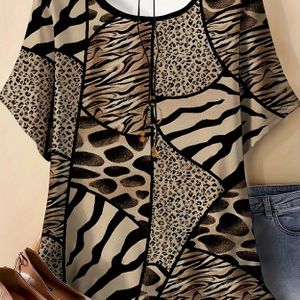 Plus Size, Plus Size Dames T-Shirt met Luipaardprint - Zacht Ademend Ronde Hals Korte Mouw Top, Casual met Geometrisch Dierenprint Design