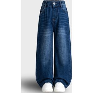 Meisjes Wijdpantalon Jeans - Zware Was Blauwe Denim, Losse Pasvorm met Riem (Niet-Rekbaar) All-Seizoen & Casual Kledingstuk, Klassieke Randvrije Boord voor 'Casuele Broeken' (Handwasbaar)