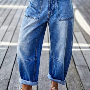 Vrouwen's Stretch Denim Jeans - Mid-Rise Wijd Pijpje met Knoopsluiting, Zakken & Gestikte Details, Lichtblauw Gewassen Casual Stijl voor Alle Seizoenen , Comfortabele Mode, Duurzame Stof