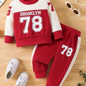 2 stuks Patchwork Print Ronde Hals Lange Mouw Set Casual Broek Herfst en Winter , Geschikt voor Buitenkleding, Perfect voor Buiten