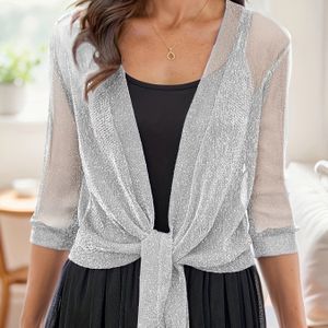 Dames Elegante V-hals -voor Korte High Stretch Metallic Mesh Top, Jurk Overlay Sjaal, Mouw Open Voor Gebreide Trui