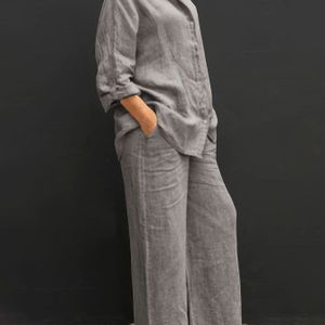 SQ25022640 Dames Tweedelige Set met Linnenlook Overhemd met Kraag en Lange Mouwen en Losse Casual Rechte Broek