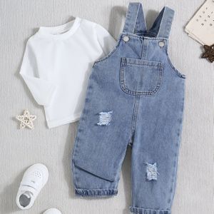 2 stuks Jongens Kerst & Valentijnsdag Denim Romper Set met Gescheurde Details, Ideaal voor Buiten