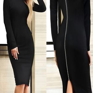 Vrouwen Elegante Lange Mouw Bodycon Jurk met Ritsdetail aan de Rug - Ronde Hals Zwart 100% Polyester Wasmachinebestendig Casual tot Formele Kleding voor Lente/Herfst