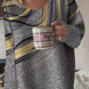 Plus Size - Dames Plus Size Casual Lange Mouw T-Shirt met Gouden & Zwarte Print, Ronde Hals, Stretchy Stof, Grijs, , Casual Wear | Trendy Casualwear | Comfortabele Pasvorm, Dames T Shirts