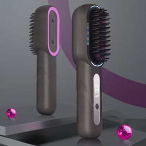 Rechtigingskam met LCD USB-Opladen Keramische Elektrische Kam Draadloze Draagbare Rechtigingskam, Haarschadevrij, Draagbare Oplaadbare Stylingkam, Dubbel Gebruik voor Rechtmaken en Krullen