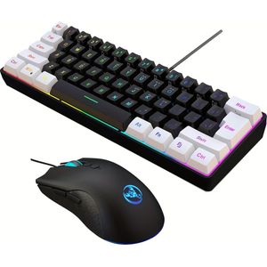 HXSJ Bedrade Toetsenbord en Muisset 61-Toets Folie Toetsenbord met Tweekleurige Spuitgieten Keycaps, Kleurrijke Achtergrondverlichting USB Plug-and-Play