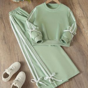 Meisjes' Groene Herfst Sweatshirt en Jogger Set met Twee-Delige Lange Mouw Top en Broek, Perfect voor Buiten