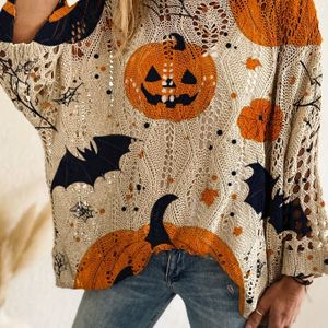 Plus Size, Lente, Zomer & Herfst Ruit Uitgesneden Schouderloze Losvallende Pompoen Halloween Print Lange Mouw Top voor Vrouwen - Vakantiestijl, Casual Elegante Vest Cover-Up, Bikini Overhemd