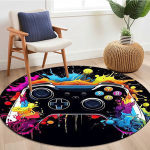 Vibrant Game Controller Design Ronde Mat - Antislip Onderkant, Ideaal voor Slaapkamer, Woonkamer & Kantoorstoel - Home met Kleurrijke Splash Patronen, Gaming Room