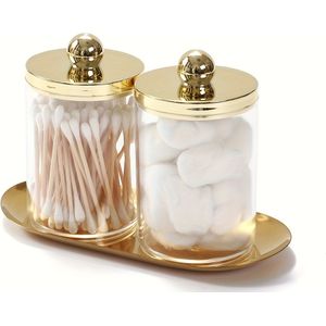 Qtip Houder Badkamerset met Dienblad Acryl Plastic Apothekerspotjes Qtip Dispenser Potje met Deksel, voor Wattenstaafjes en Doekjes