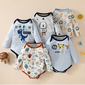 5-delige set 'Dierenthema Babyrompers - Outfits met Beer, Aap, Olifant & Meer, Ronde Hals Lange Mouwen Jumpsuits, Wasmachinebestendig voor Fotoshoots & Casual Kleding, Perfect voor Buiten