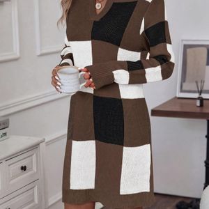 gekerfde hals trui jurk, elegante lange mouw slanke jurk voor herfst en winter, dameskleding