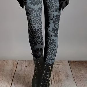 Dames Plus Size Bloemenprint Kousen, Stretchy Middenband, Casual Elastische Leggings, Polyester Knit Stof, Alle-Seizoenen Mode, Geen Detail, Strakke Pasvorm