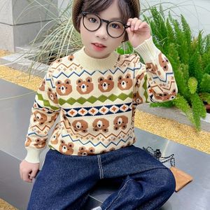 Jongens Crew Neck Lange Mouw Beer Gebreide Pullover, Gezellige Trui Voor Herfst Winter Buiten Casual Activiteiten