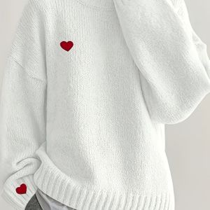 Nieuwe Winter Trendy Trui, Wit Rood Hartjespatroon Top, Elegant Casual Losse Lange Mouwen Dames Basislaag Shirt voor Herfst en Winters Warme Essentiële Cadeau