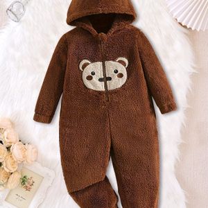 Meisjes' Warme Bruine Pluizige Rits Cardigan Romper met Beer Borduurwerk, Schattig en Levendiger Lange Mouwen Broek voor Herfst/Winter