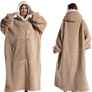 1 stuk Franse Stijl Capuchon Fleece Loungekamerjas - Dikke Warme Wintertoebehoor met Zakken, Maat, Rood, Alleen Handwas, Gezellig Thuis Kleding | Zacht Textiel, Comfortabele Omslagdoek