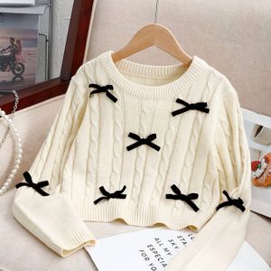 Meisjes Casual Kleur Ronde Hals Lange Mouw Korte Trui met 3D Strik Design, Minimalistische Stijl voor Leeftijd 8-12, Perfect voor Herfst/Winter Seizoen en Buiten