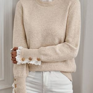 Vrouwen's Elegante Marineblauwe Kanten Trui met Knopen - Ronde Hals Lange Mouw Pullover voor Casual & Formele Outfits, Verfijnde Ambachtelijke Dames Sweaters