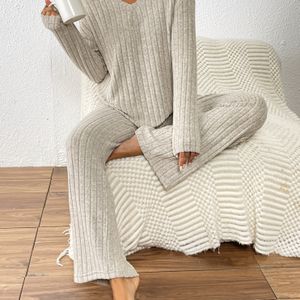 Dames Casual Geribbelde Fleece V-hals Top en Losse Rechte Broek Set, Polyester 95% Elastaan 5% Gebreide Stof, Kleur, Herfst/Winter Pyjama Set
