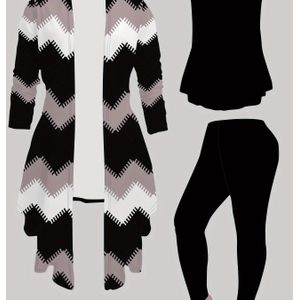 Elegante dames top zonder mouwen, lange mouw cardigan en broek Stijlvol drietal set - Zwart en wit geometrisch print, , Mouwloze top|Geometrisch print top|Comfortabele pasvorm