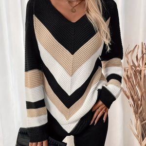 Elegante V-hals trui voor dames - Lange mouwen, kleurblok ontwerp in zwart, beige & wit, herfst/winter mode, elegante gebreide trui|V-hals trui|Textuur