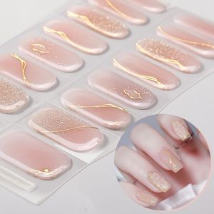 16 stuks Chrome Semi-Gel Nagelstrips, Blush Gradient Gouden Folie Zelfklevende Nagelstickers, Salonkwaliteit, Houdt 14 dagen aan, Geschikt voor Vrouwen'S DIY Nagelkunstbenodigdheden!