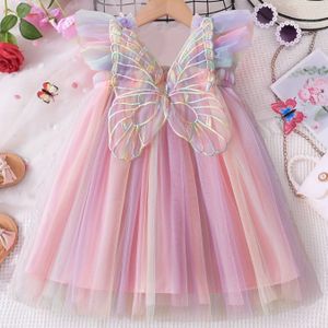 Regenboog Mesh Meisjes Verjaardagsfeest Prinsessenjurk met Schattige Vlindervleugels