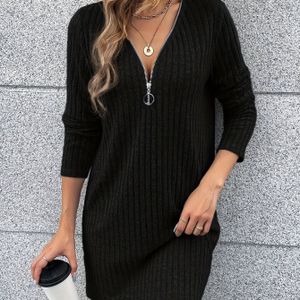 Dames Ribgebreide Jurk met Diepe V-Hals - Lange Mouwen, , Casual Stijl met Knoopdetail, Perfect voor Herfst/Winter, Casual Winterkleding | Jurk met Diepe V-hals | Constructie, Winterjurken