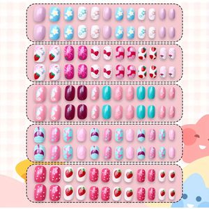 120-delige gemengde kleur systeem press on nagelset met cartoon design patronen, korte lengte, matte afwerking - Inclusief jelly plakstrips en nagelvijl voor meisjes en vrouwen, leuk en casual te