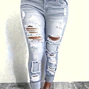 Vrouwen Slim-Fit Stretch Denim Jeans met Gescheurd Patchwork Ontwerp - Lichtgewassen, Verouderde Details, Comfortabele Pasvorm voor Alle Seizoenen
