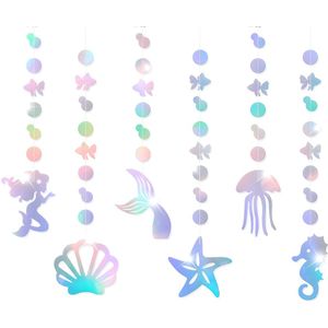 A Set Of 6 Hanging Decorations Themed Around The , A Mermaid-themed Birthday Party, Made From Glitter Cardstock.