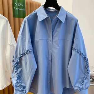 Casual Damesoverhemd met Lange Mouwen en Ruchedetail - Lichtblauw, Knoopsluiting met Kraag, Losse Pasvorm, Perfect voor Herfst/Winter, Dames T-Shirts