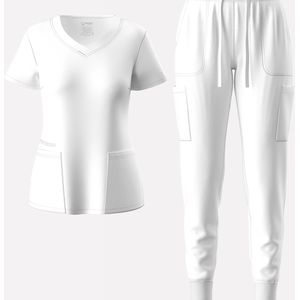 Stijlvol Tweedelig Set, Elegante Korte Mouwen V-Hals Scrub Top & Trekbroek Outfit, Dameskleding