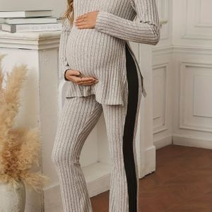 Zwangerschaps Tuniek Jurk met Verstelbare Strepen - Elastische Top met Lange Mouwen & Broek, Losse Pasvorm, Kleurblok Design, Comfortabel voor Alle Seizoenen, Casual Mode, Knit