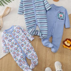 3- Baby Zachte & Comfortabele Lange Mouwen Romper Set met Cartoon Borduursel - Schattige Dierenprint, Pasvorm, Lente/Herfst Outfit, Perfect voor Buiten, Baby Jongen Kleding, Perfect voor Buiten