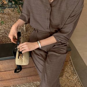2-delige dames high-end shirt en casual broek set - Chique bruine blouse met knopen en zakken, wijde pijpen, perfect voor lente/zomer/herfst, casual kleding|Chique outfit|Blouse met knopen