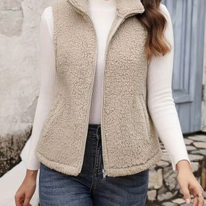 Elegante imitatiebontjas van polyester voor dames met ritssluiting en opstaande kraag - kleur Mouwloos winter bovenkleding, gebreide stof, pasvorm